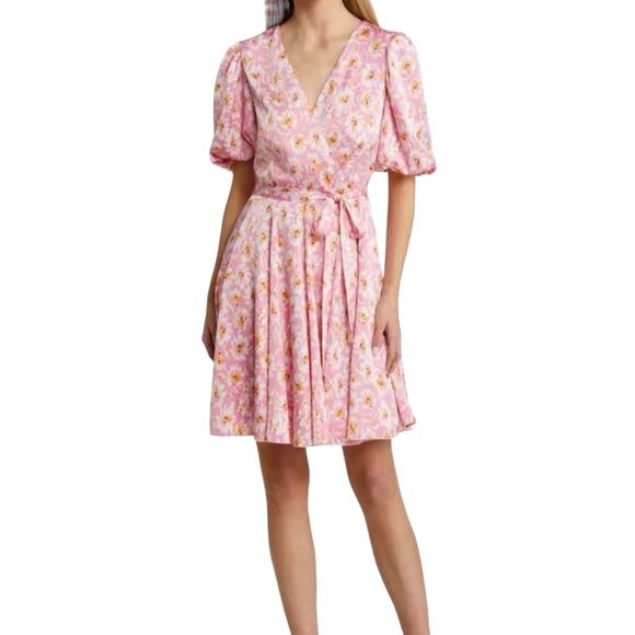 Charles Henry Pink Daisy Floral Surplus V-Neck Puff Sleeve Mini Dress Medium NWT - Picture 1 of 15